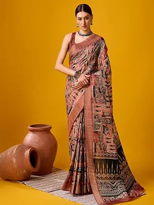 Brown-Rust Strip Pattern With Handpanted Cotton Saree With Blouse For Lady