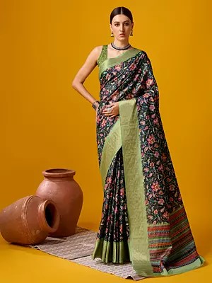 Limed-Spruce Zig Zag Border With Flower Motif Cotton Saree With Blouse For Casual Occason