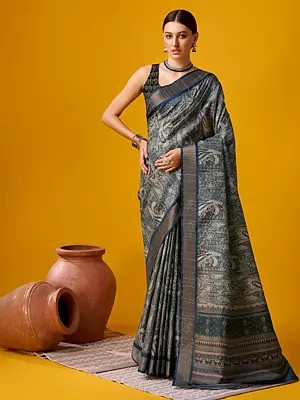 Medium-Grey Paisley Butti With Strip Pattern Cotton Saree With Blouse For Women