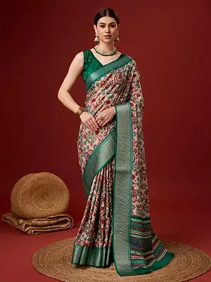 Mushroom-Grey Zig Zag Pattern On Pallu With Leaf Motif Cotton Saree With Blouse For Lady