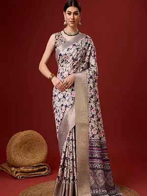 Bleached-Cedar Flower Design Border Cotton Saree With Blouse For Lady