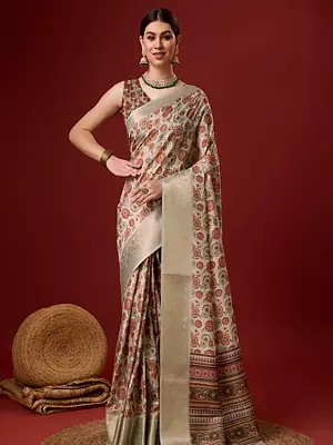 Dark-Vanila Cotton Saree In Flower Motif With Blouse For Casual Occason