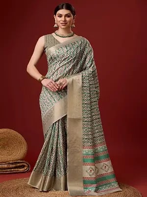 Greenish-Grey Cotton Saree In Square Leaf With Blouse For Lady