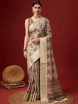 Dark-Vanilla Cotton Saree In Flower Pattern With Blouse For Wedding Occason