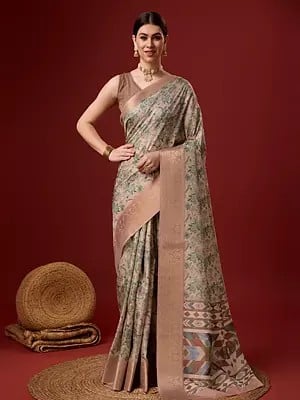 Quicksand Cotton Saree In Flower Motif Border With Blouse For Casual Occasion
