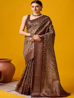 Brown-Derby Small Paisley Butti Pattern Cotton Saree With Blouse For Women
