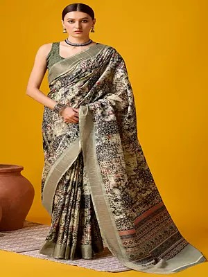 Grey-Olive Flower Pattern Palllu Cotton Saree With Blouse For Lady