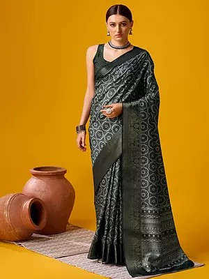 Dark-Jungle-Green Square Pattern Border Cotton Saree With Blouse For Women