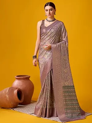 Rose-Taupe Cotton Saree With Square Pattern Border With Blouse For Lady