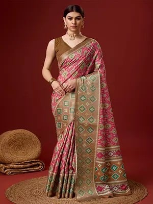Light-Carmine-Pink Flower Printed Cotton Saree With Blouse For Casual Occasion