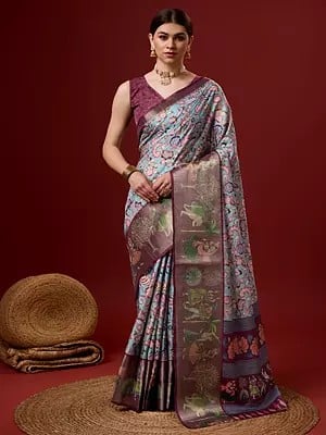Bluish-Grey Cotton Saree Flower Printed Pallu With Blouse For Casual Occasion