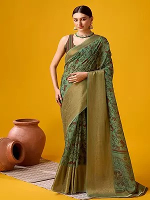 Dusty-Green Wide Border With Peacock Printed Cotton Saree With Blouse For Women