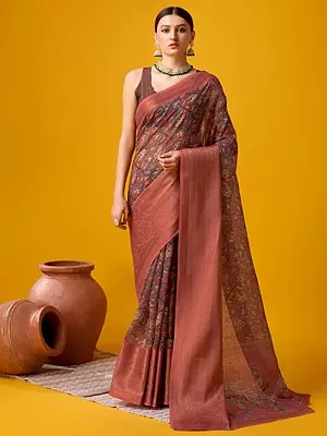 Brown-Rust Wide Border With Pecock & Leaf Motif Pallu Cotton Saree For Women