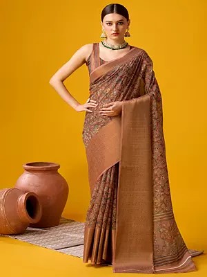 Potters-Clay Cotton Saree In Wide Border With Flower & Leaf Print Pallu For Lady