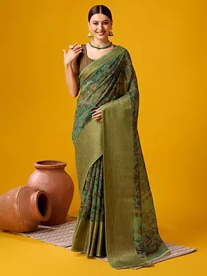 Hazel-Green Wide Border With Leaf & Elephant Printed Pallu Cotton Saree For Lady