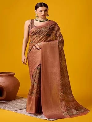 Antique-Brass Flower & Leaf Motif Pallu Cotton Saree With Blouse For Casual Occasion