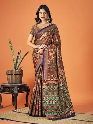 Multicolor Flower Motif Pallu Pashmina Saree With Blouse For Lady
