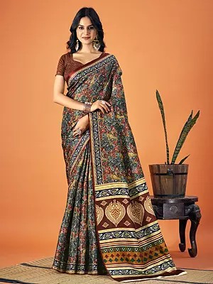 Multicolor Big Leaf Motif Pallu Pashmina Saree With Blouse For Casual Occasion