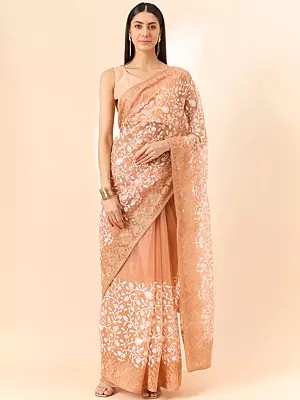 Designer Organza Floral Embroidered Saree with Blouse