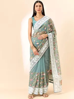 Designer Organza Floral Embroidered Saree With Blouse For Women