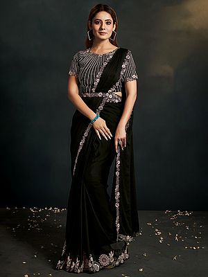 Satin Silk Crepe Saree With Stitched Blouse Thread Embroidered & Stone Work