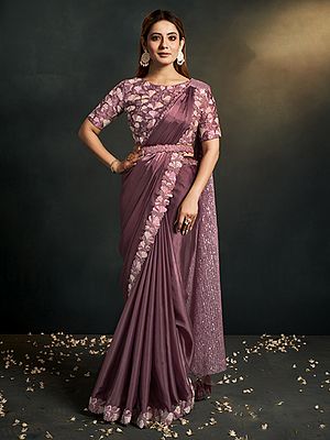 Silk Satin Crepe Saree With Stitched Blouse Thread Embroidered & Moti Work