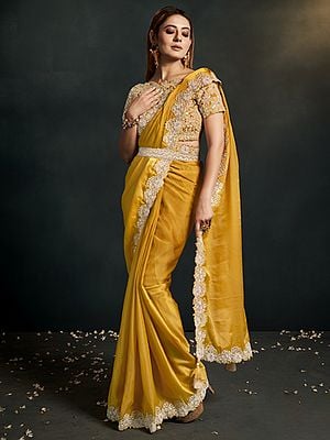 Organza Silk Crepe Saree With Stitched Blouse Thread Embroidered & Stone Work