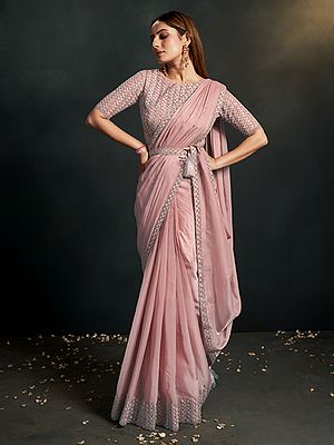 Fancy Organza Silk Crepe Saree With Stitched Blouse Thread Embroidered & Stone Work