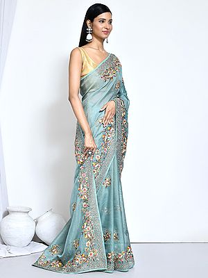 Net Organza Silk Saree With Unstitched Blouse Thread Emboidered With Stone Work