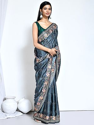 Satin Silk Saree With Unstitched Blouse Sequence Embroidered With Stone Work