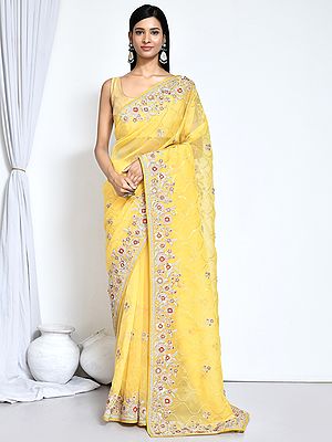 Organza Satin Silk Saree With Unstitched Blouse Sequence Embroidered With Stone Work