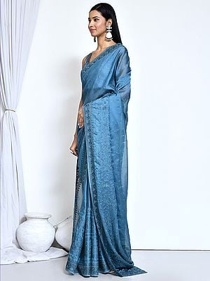 Satin Silk Saree With Unstitched Blouse Embroidered With Stone Work