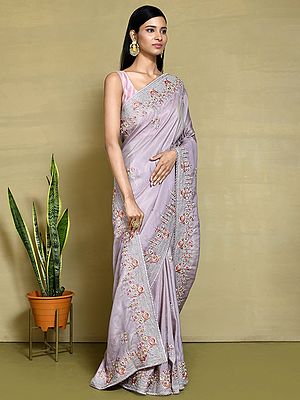 Satin Silk Saree With Unstitched Blouse Floral Embroidered For Lady