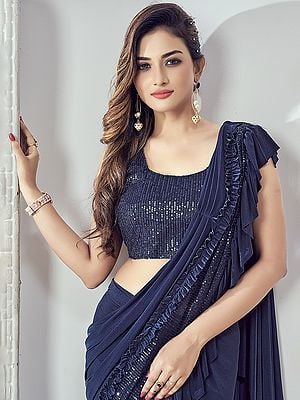 Lycra Embellished Ready To Wear Saree With Stitched Blouse For Women