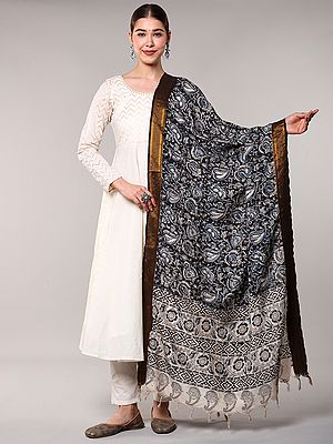 Kalamkari Dupatta from Telangana with Zari Border and Printed Paisleys