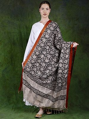 Stretch-Limo Kalamkari Dupatta from Telangana with Zari Border and Printed Paisleys