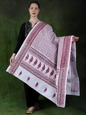 Snow-White Pure Cotton Dupatta from Purvanchal with Printed Floral Jaal
