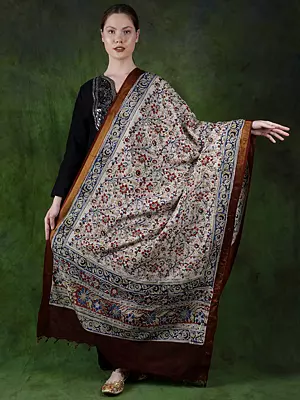 White-Swan Kalamkari Dupatta from Telangana with Block-Printed Flowers and Zari Border