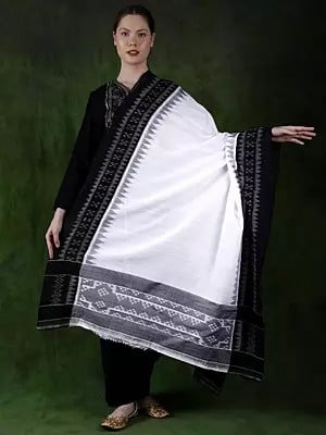 White-Black Pure Cotton Handloom Ikat Dupatta from Pochampally with Temple Border