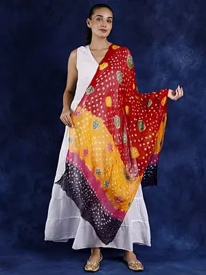Tri-Color Rayon Bandhani Tie-Dye Printed Dupatta from Gujarat