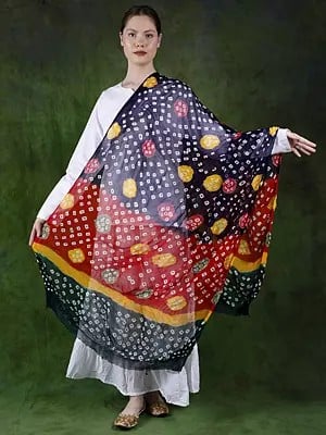 Tri-Color Rayon Bandhani Tie-Dye Printed Dupatta from Gujarat