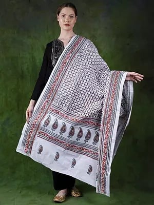 Bright-White Pure Cotton Dupatta from Purvanchal with Printed Flowers and Paisley