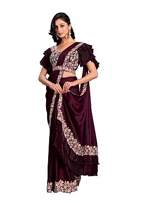 Wine Crepe Satin Silk Floral Border Embroidered Ready To Wear Saree With Stitched Blouse