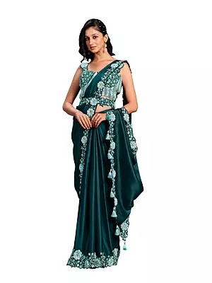 Sea Green Crepe Satin Silk Embroidered Ready To Wear Saree With Stitched Blouse & Tassles Pallu