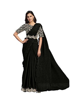 Black Crepe Satin Embroidered Ready To Wear Saree With Stitched Blouse