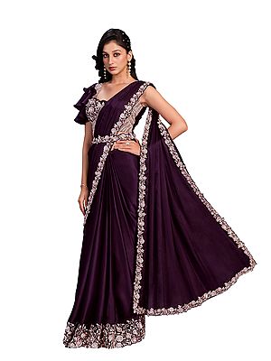 Purple Crepe Satin Silk Flower Border Embroidered Ready To Wear Saree With Stitched Blouse