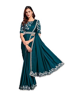 Turquoise Blue Crepe Satin Silk Flower Pallu Embroidered Ready To Wear Saree With Stitched Blouse