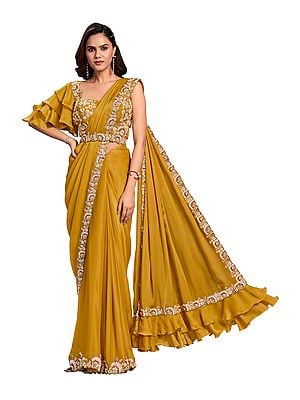 Mustard Crepe Satin Silk Embroidered Ready To Wear Saree With Stitched Blouse