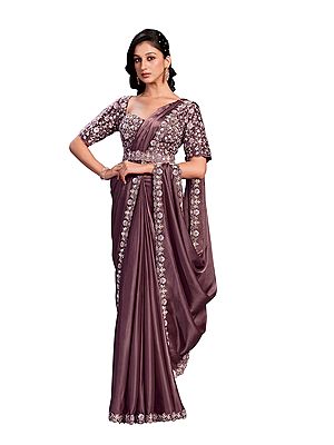 Brown Crepe Satin Silk Embroidered Ready To Wear Saree With Stitched Blouse