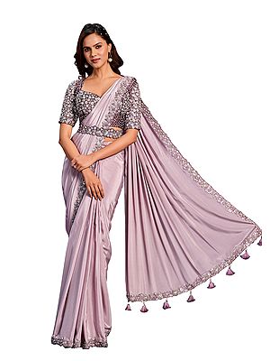 Lavendar Pure Crepe Georgette Embroidered Ready To Wear Saree With Stitched Blouse